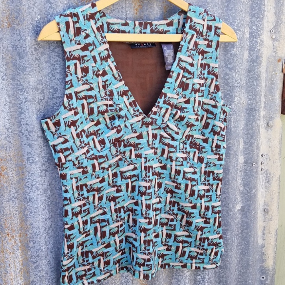 Work Office Top Bamboo Print Turquoise & Brown